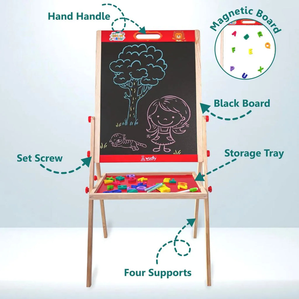 Wudly Kids Wooden Drawing Board, Double-Sided Chalkboard and Whiteboard, Educational Art Stand with Storage Tray - Naivri