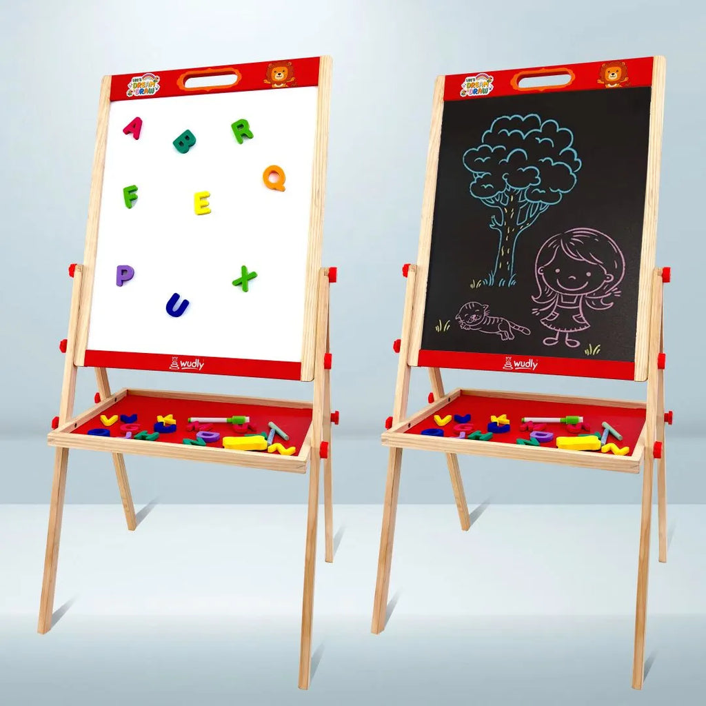 Wudly Kids Wooden Drawing Board, Double-Sided Chalkboard and Whiteboard, Educational Art Stand with Storage Tray - Naivri