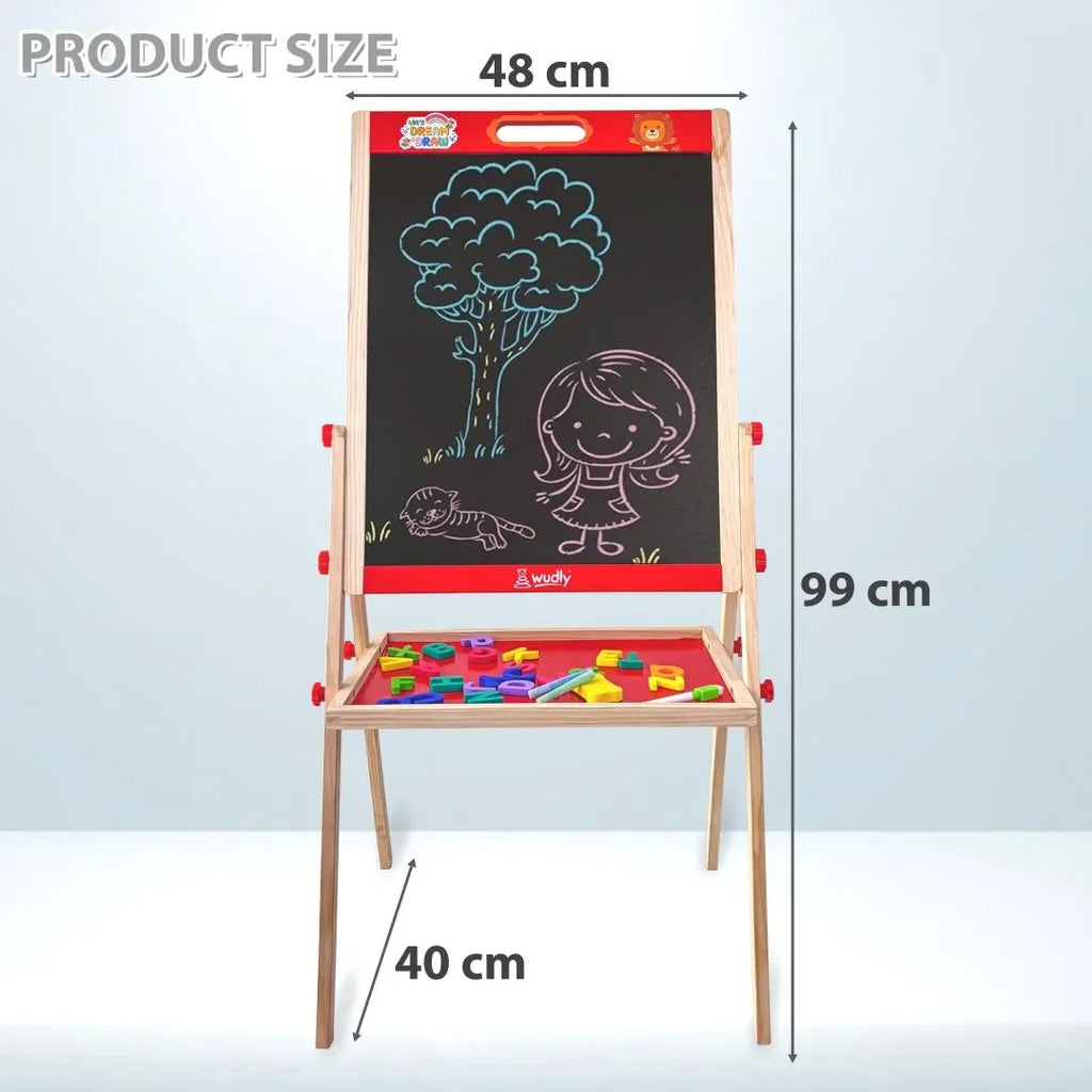 Wudly Kids Wooden Drawing Board, Double-Sided Chalkboard and Whiteboard, Educational Art Stand with Storage Tray - Naivri