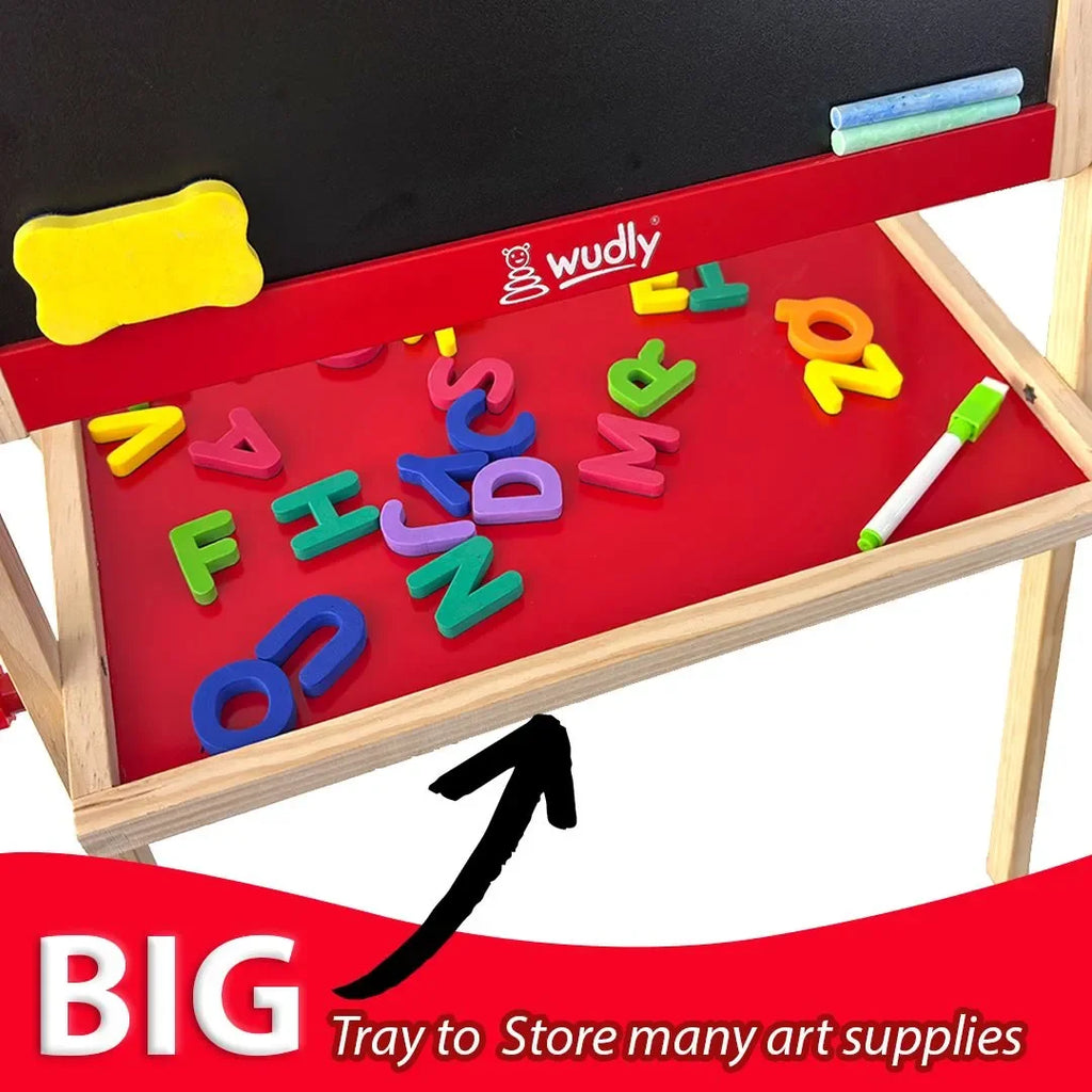 Wudly Kids Wooden Drawing Board, Double-Sided Chalkboard and Whiteboard, Educational Art Stand with Storage Tray - Naivri