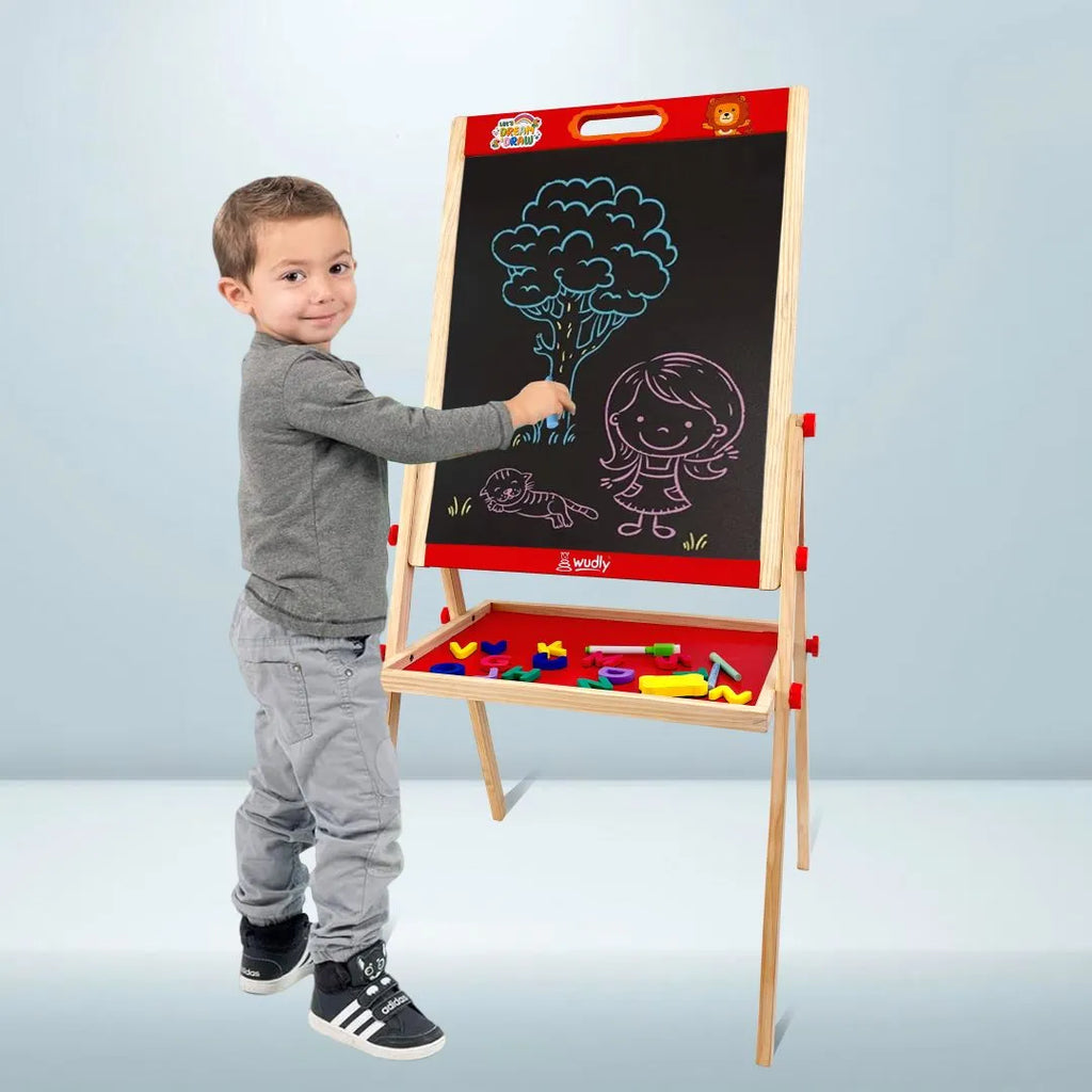 Wudly Kids Wooden Drawing Board, Double-Sided Chalkboard and Whiteboard, Educational Art Stand with Storage Tray - Naivri