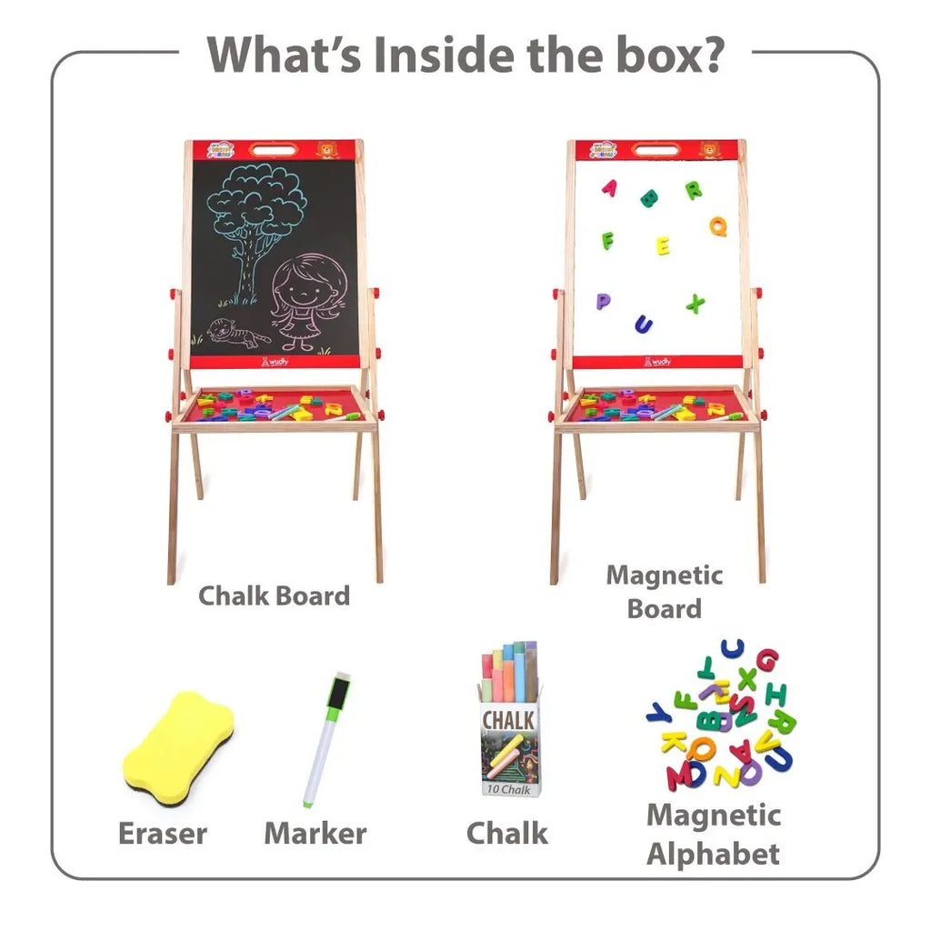 Wudly Kids Wooden Drawing Board, Double-Sided Chalkboard and Whiteboard, Educational Art Stand with Storage Tray - Naivri