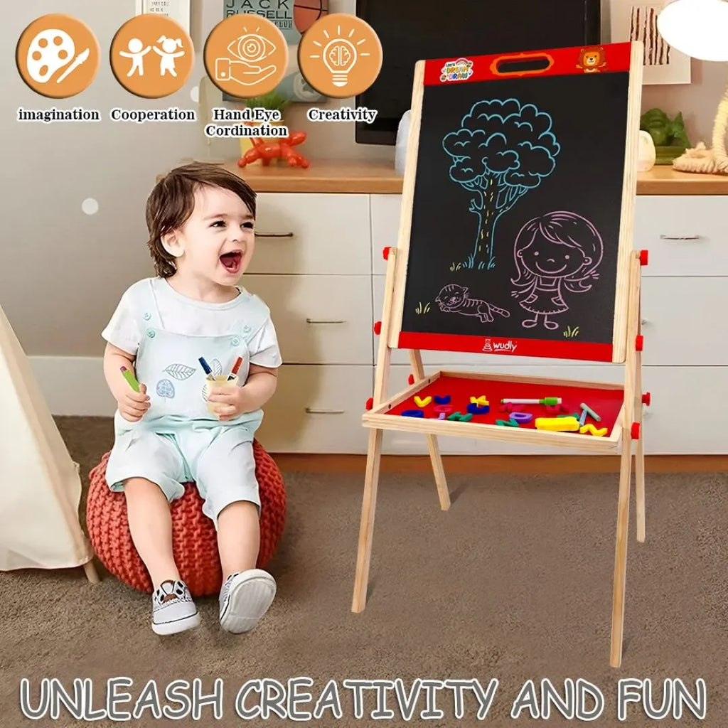 Wudly Kids Wooden Drawing Board, Double-Sided Chalkboard and Whiteboard, Educational Art Stand with Storage Tray - Naivri