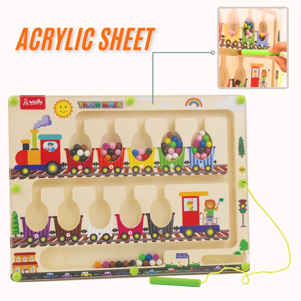 Wudly Magnetic Train Maze Board, Wooden Educational Toy, Ages 3-5, Colour Sorting Puzzle with Magnetic Wand - Naivri