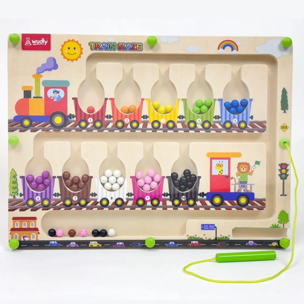 Wudly Magnetic Train Maze Board, Wooden Educational Toy, Ages 3-5, Colour Sorting Puzzle with Magnetic Wand - Naivri