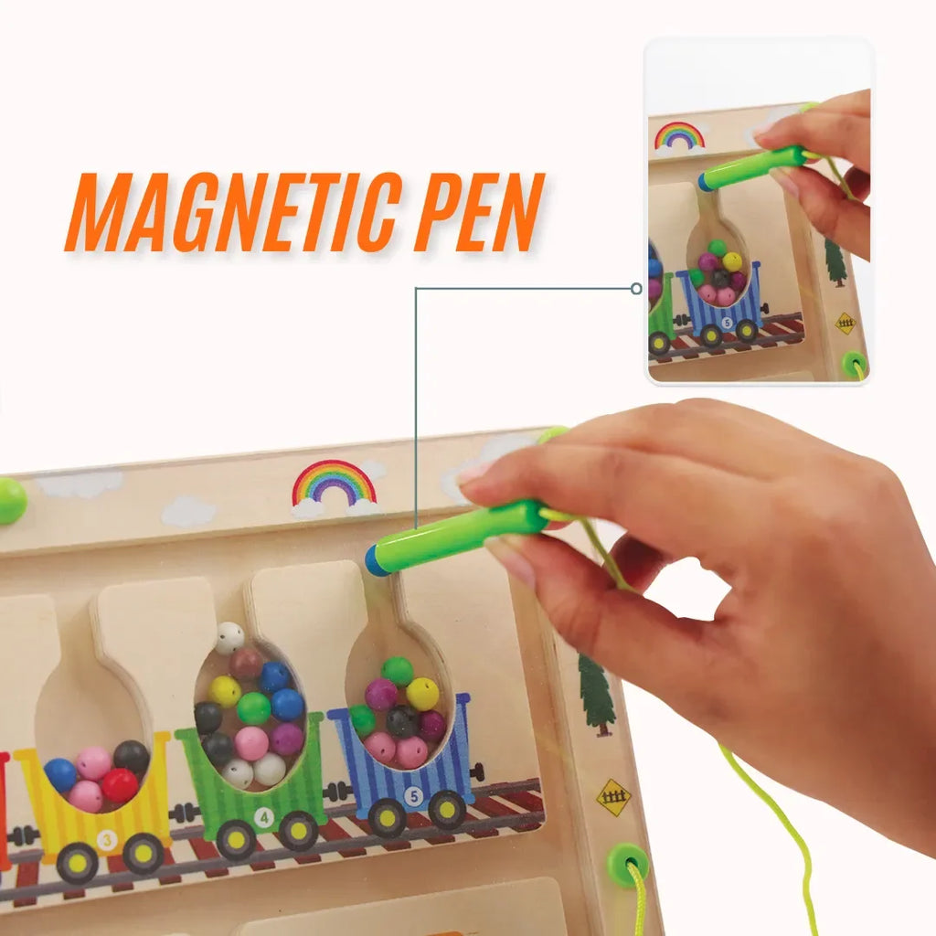 Wudly Magnetic Train Maze Board, Wooden Educational Toy, Ages 3-5, Colour Sorting Puzzle with Magnetic Wand - Naivri