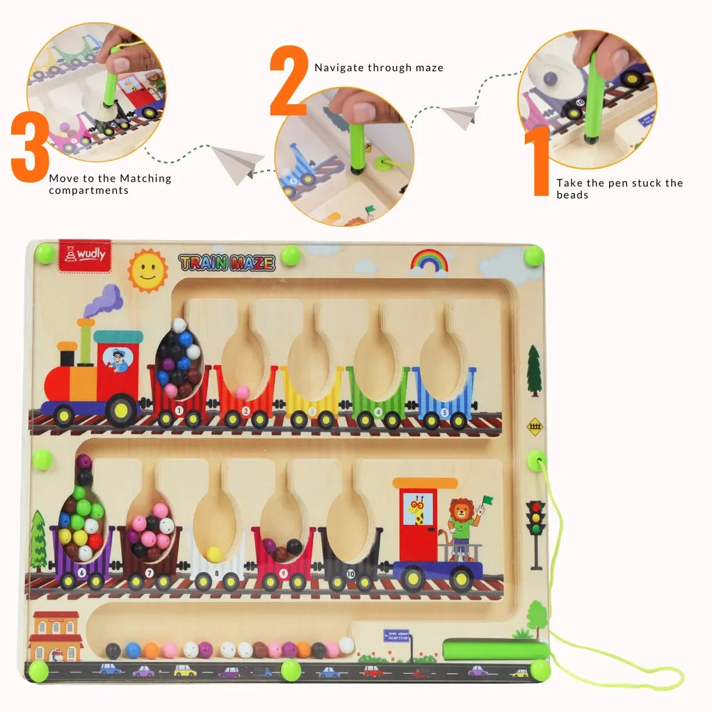 Wudly Magnetic Train Maze Board, Wooden Educational Toy, Ages 3-5, Colour Sorting Puzzle with Magnetic Wand - Naivri