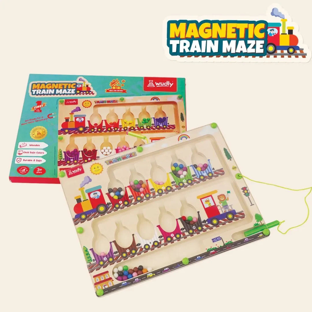 Wudly Magnetic Train Maze Board, Wooden Educational Toy, Ages 3-5, Colour Sorting Puzzle with Magnetic Wand - Naivri