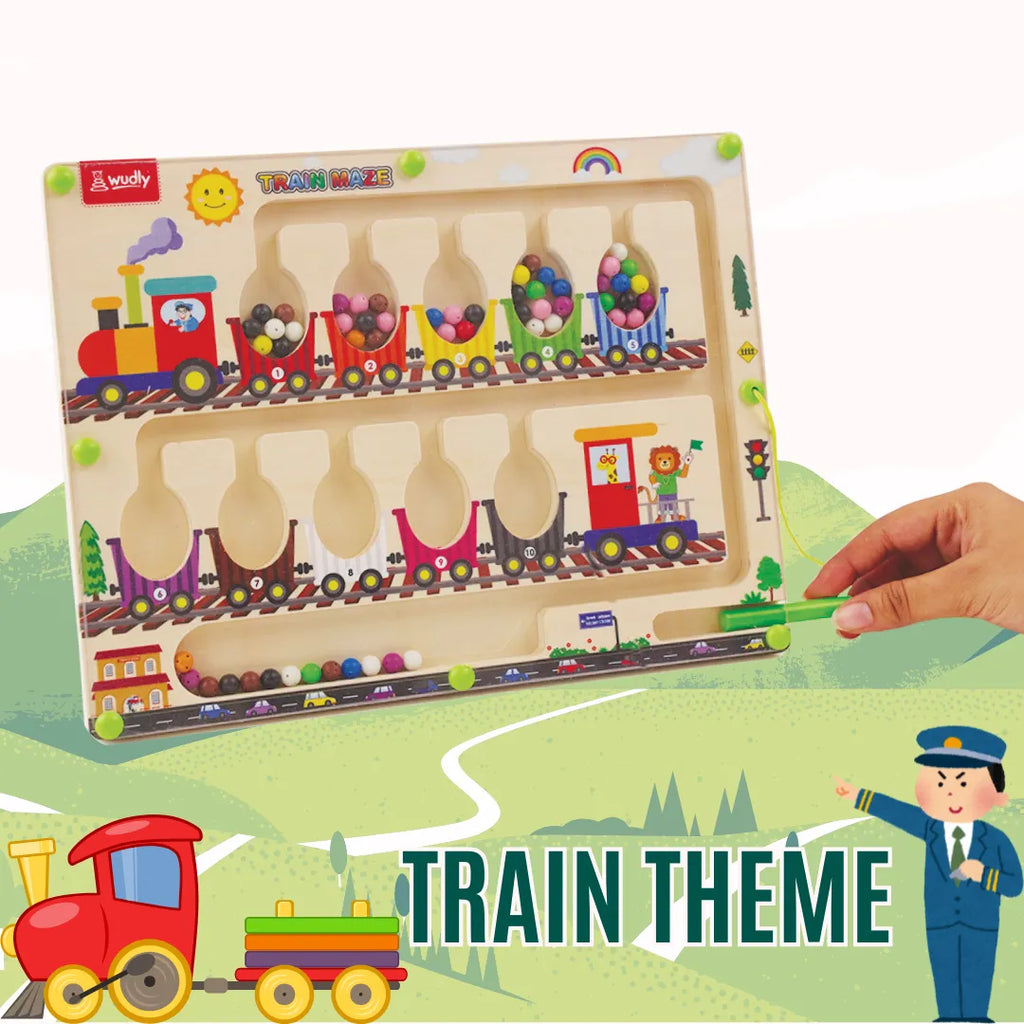 Wudly Magnetic Train Maze Board, Wooden Educational Toy, Ages 3-5, Colour Sorting Puzzle with Magnetic Wand - Naivri