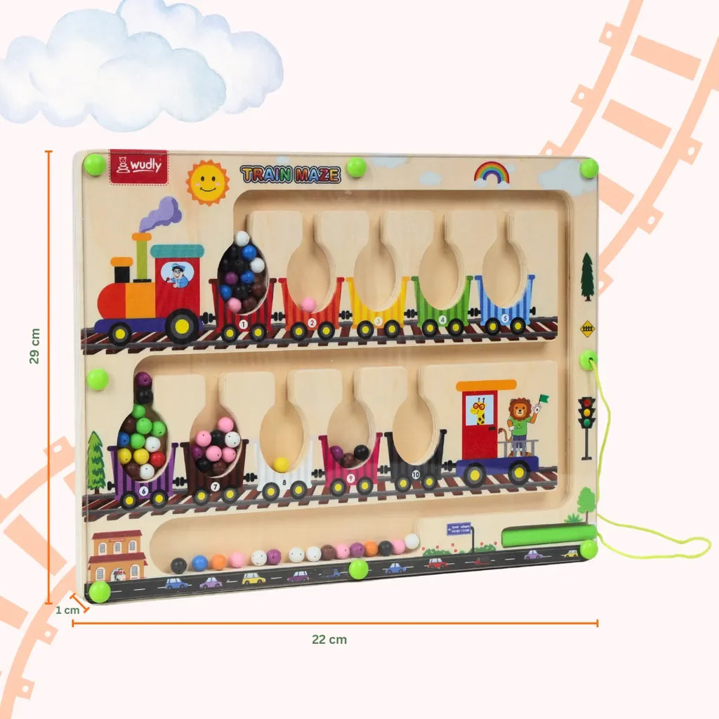 Wudly Magnetic Train Maze Board, Wooden Educational Toy, Ages 3-5, Colour Sorting Puzzle with Magnetic Wand - Naivri