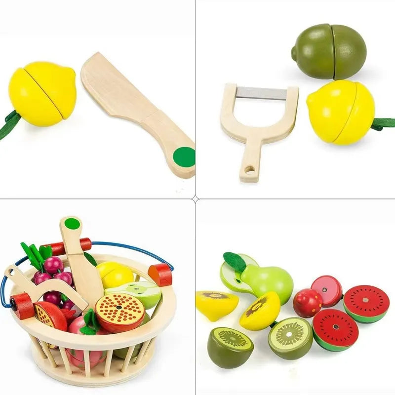 Wudly Magnetic Wooden Cutting Fruit Food Play Toy Set with Basket for Kids - Naivri