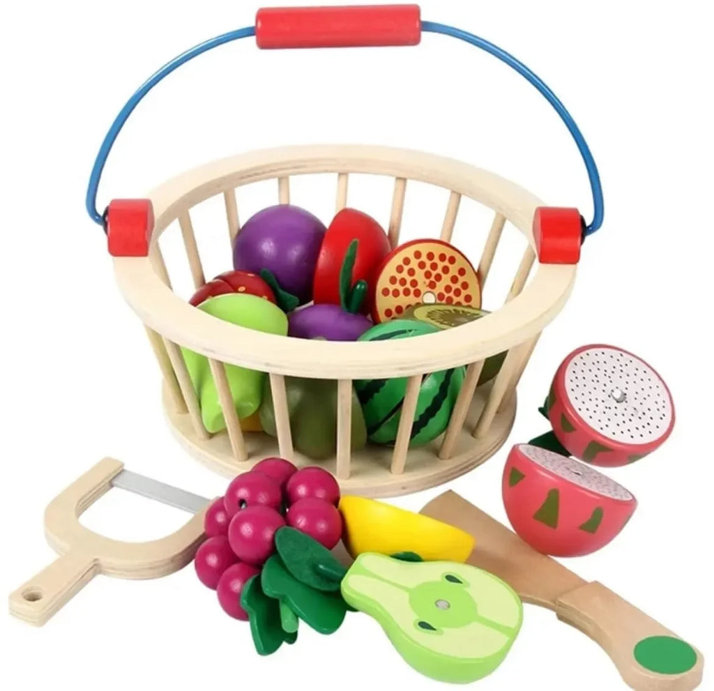 Wudly Magnetic Wooden Cutting Fruit Food Play Toy Set with Basket for Kids - Naivri