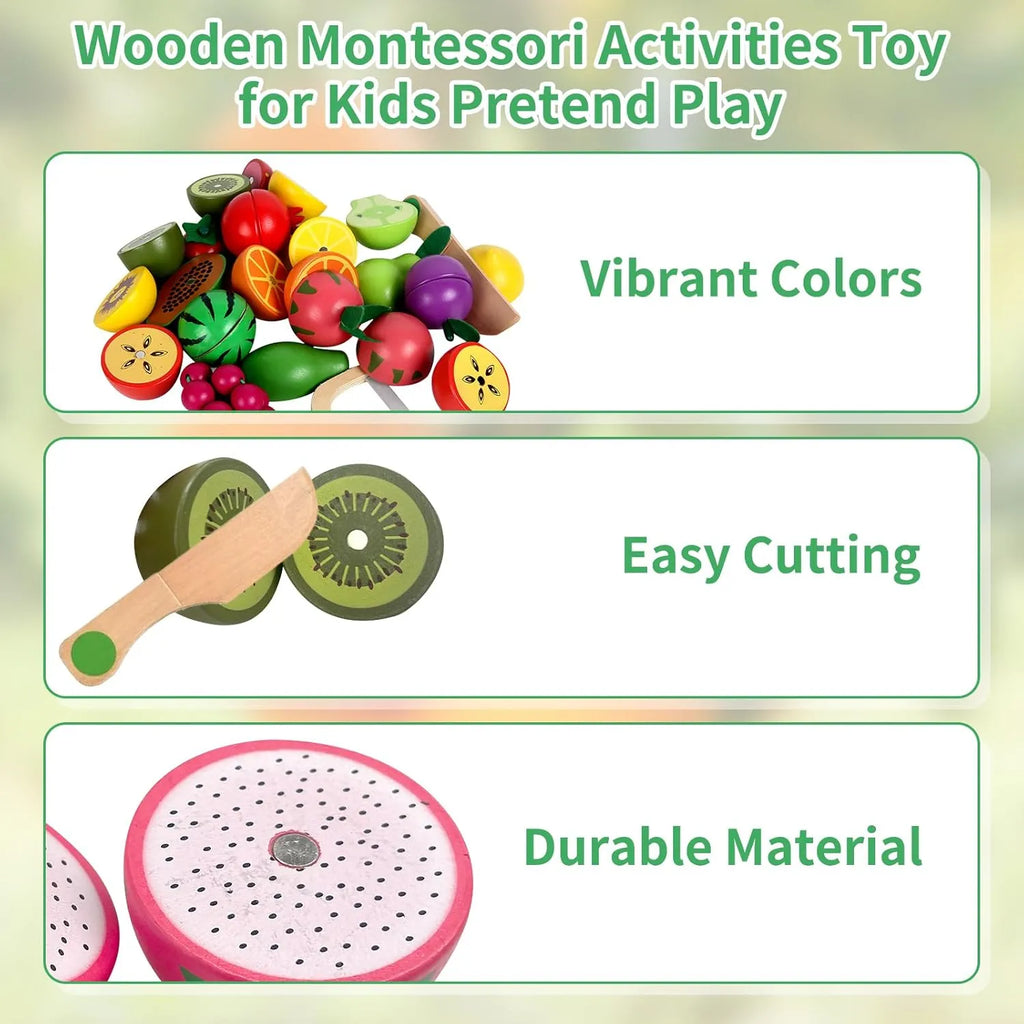 Wudly Magnetic Wooden Cutting Fruit Food Play Toy Set with Basket for Kids - Naivri