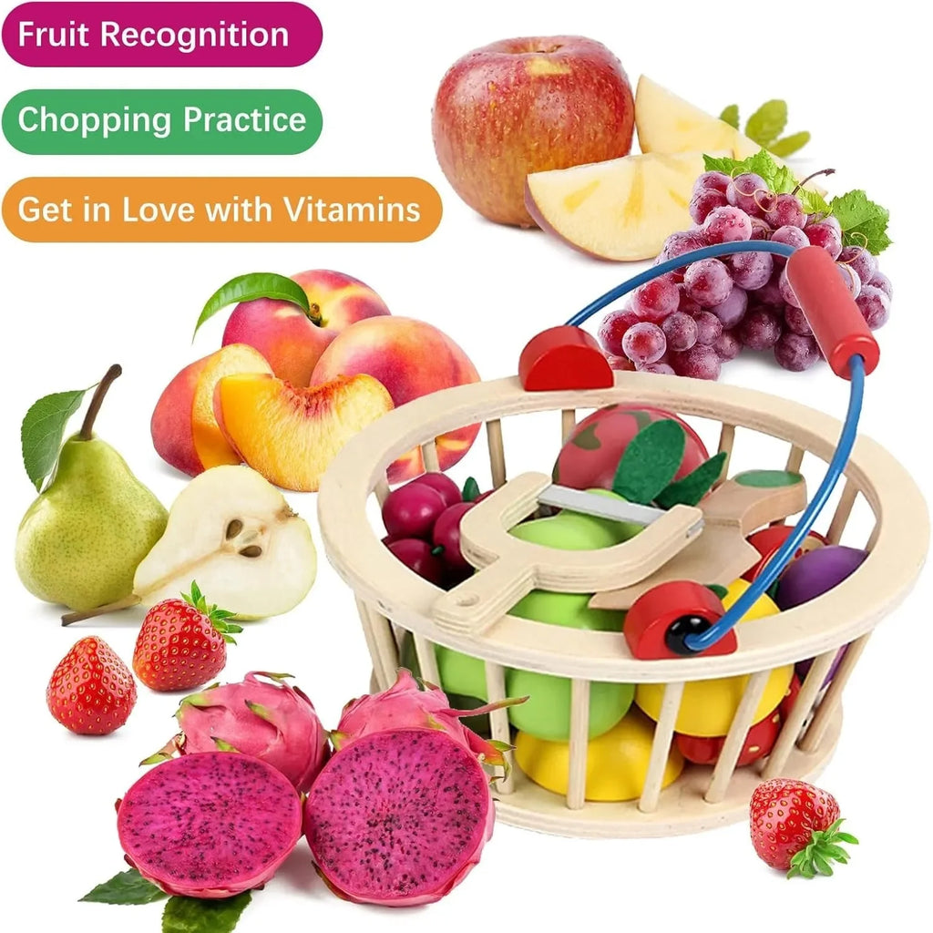 Wudly Magnetic Wooden Cutting Fruit Food Play Toy Set with Basket for Kids - Naivri