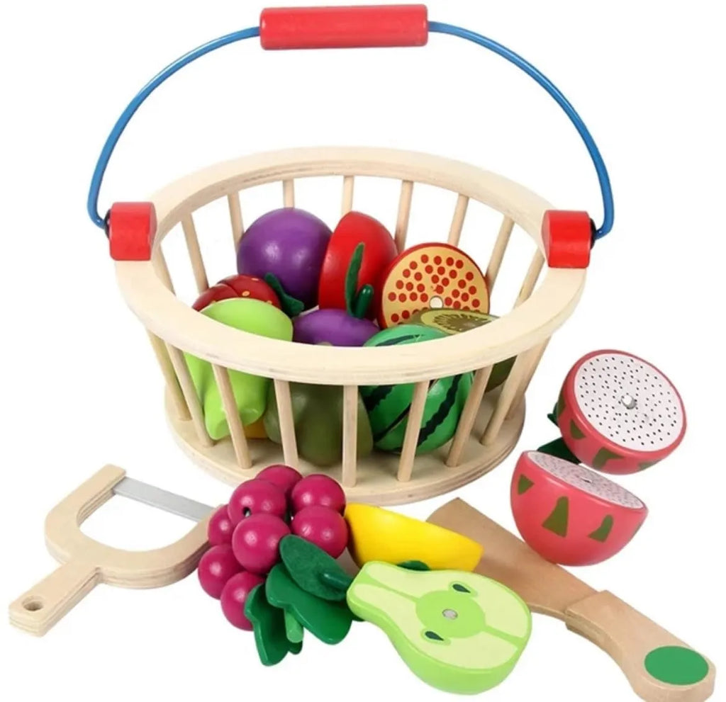 Wudly Magnetic Wooden Cutting Fruit Food Play Toy Set with Basket for Kids - Naivri