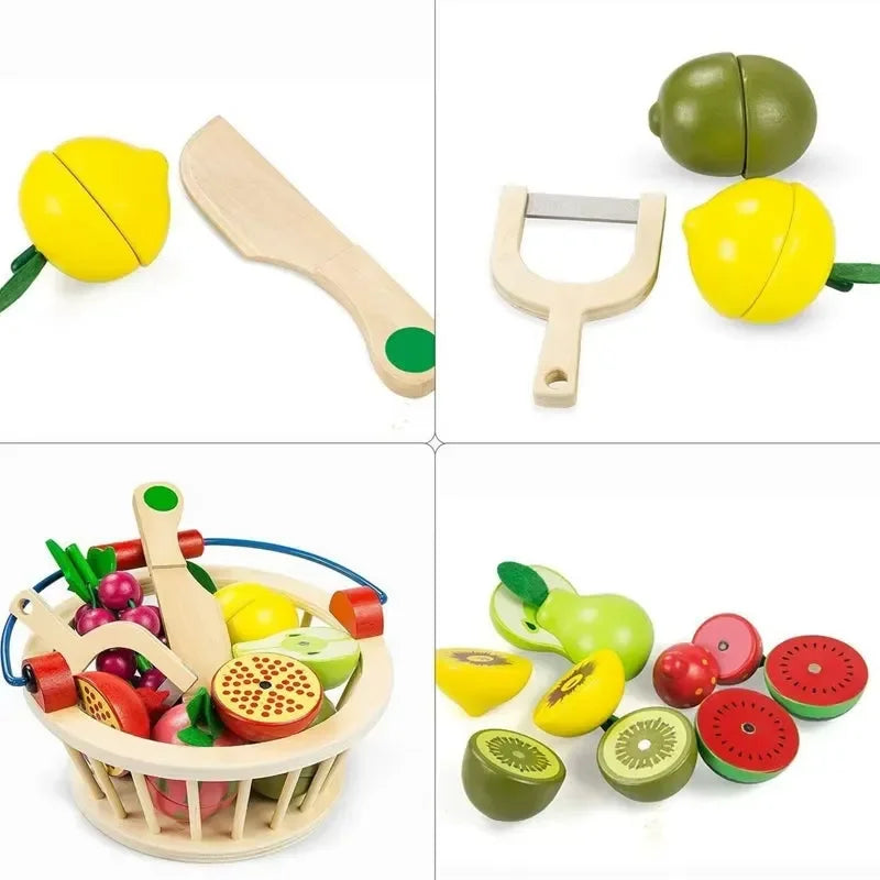 Wudly Magnetic Wooden Cutting Fruit Food Play Toy Set with Basket for Kids - Naivri