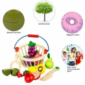 Wudly Magnetic Wooden Cutting Fruit Food Play Toy Set with Basket for Kids - Naivri