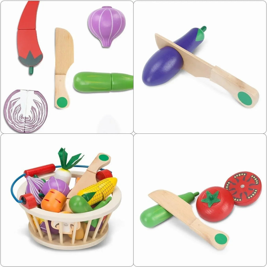 Wudly Magnetic Wooden Cutting Vegetables Food Play Toy Set with Basket for Kids - Naivri