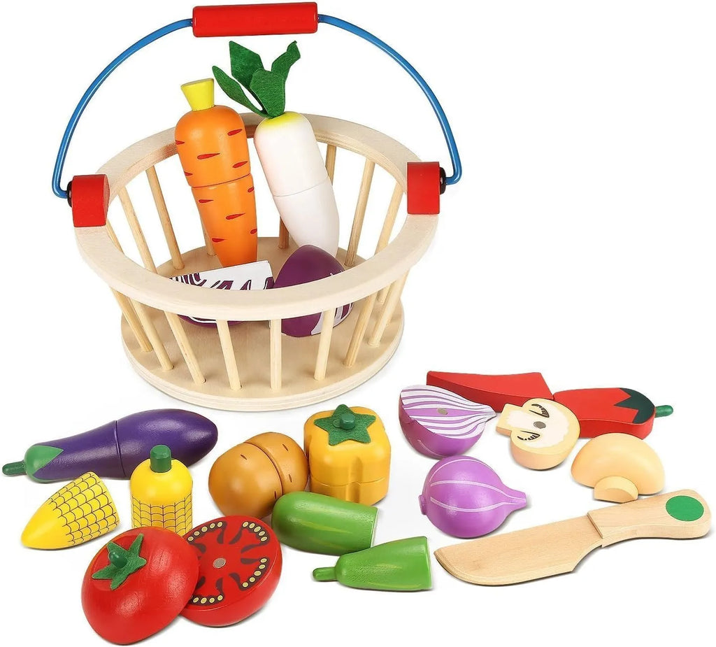 Wudly Magnetic Wooden Cutting Vegetables Food Play Toy Set with Basket for Kids - Naivri
