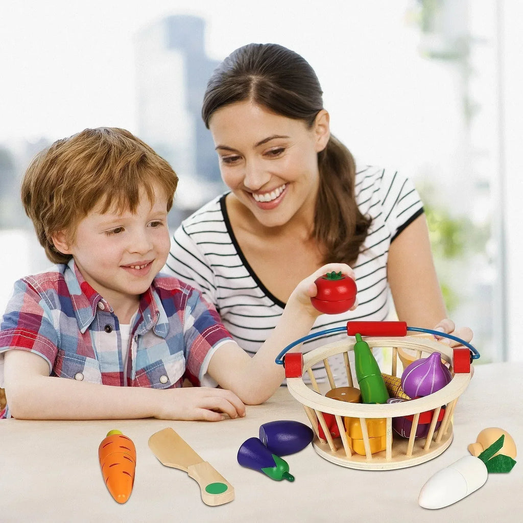 Wudly Magnetic Wooden Cutting Vegetables Food Play Toy Set with Basket for Kids - Naivri