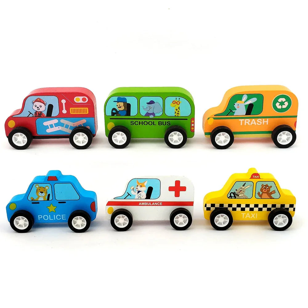 WUDLY® Wooden Toy Cars Set for Kids (6 pcs) | Police, Ambulance, Taxi, School Bus, Fire Truck & Trash Truck | Montessori Educational Vehicles | Pretend Play Learning Toys for Boys & Girls (3+ Years) - Naivri