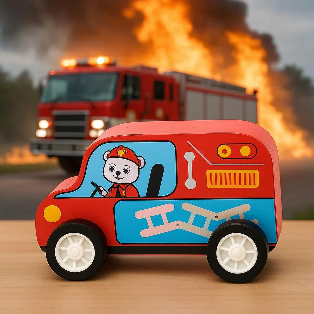 WUDLY® Wooden Toy Cars Set for Kids (6 pcs) | Police, Ambulance, Taxi, School Bus, Fire Truck & Trash Truck | Montessori Educational Vehicles | Pretend Play Learning Toys for Boys & Girls (3+ Years) - Naivri