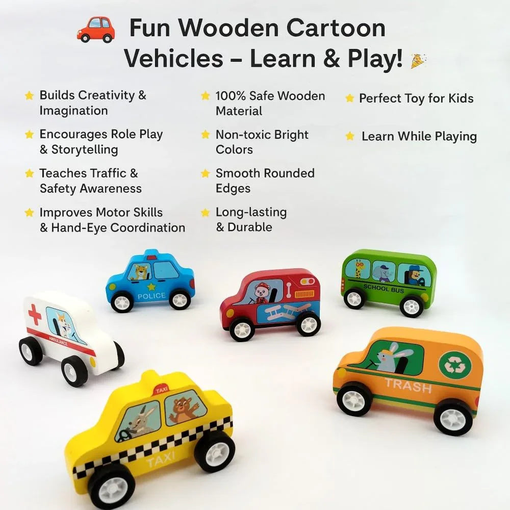 WUDLY® Wooden Toy Cars Set for Kids (6 pcs) | Police, Ambulance, Taxi, School Bus, Fire Truck & Trash Truck | Montessori Educational Vehicles | Pretend Play Learning Toys for Boys & Girls (3+ Years) - Naivri