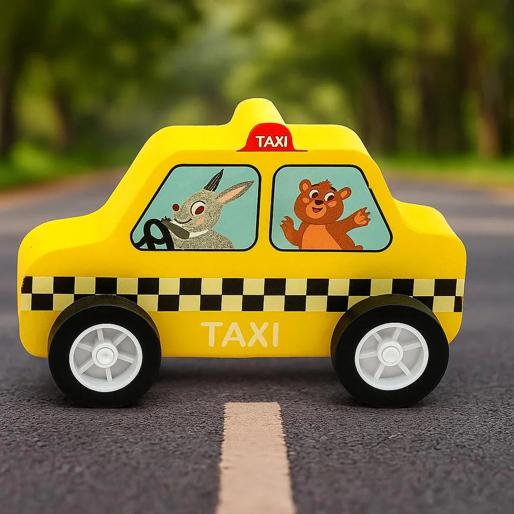 WUDLY® Wooden Toy Cars Set for Kids (6 pcs) | Police, Ambulance, Taxi, School Bus, Fire Truck & Trash Truck | Montessori Educational Vehicles | Pretend Play Learning Toys for Boys & Girls (3+ Years) - Naivri