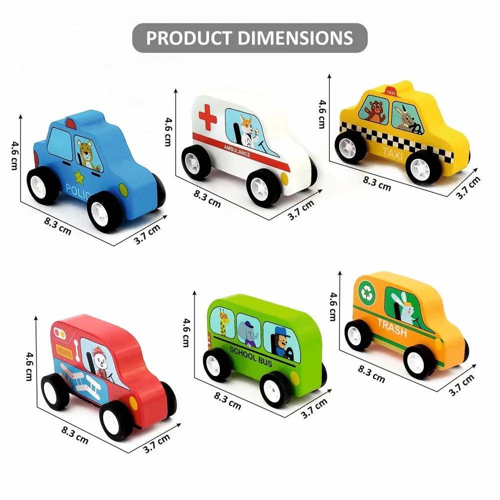 WUDLY® Wooden Toy Cars Set for Kids (6 pcs) | Police, Ambulance, Taxi, School Bus, Fire Truck & Trash Truck | Montessori Educational Vehicles | Pretend Play Learning Toys for Boys & Girls (3+ Years) - Naivri