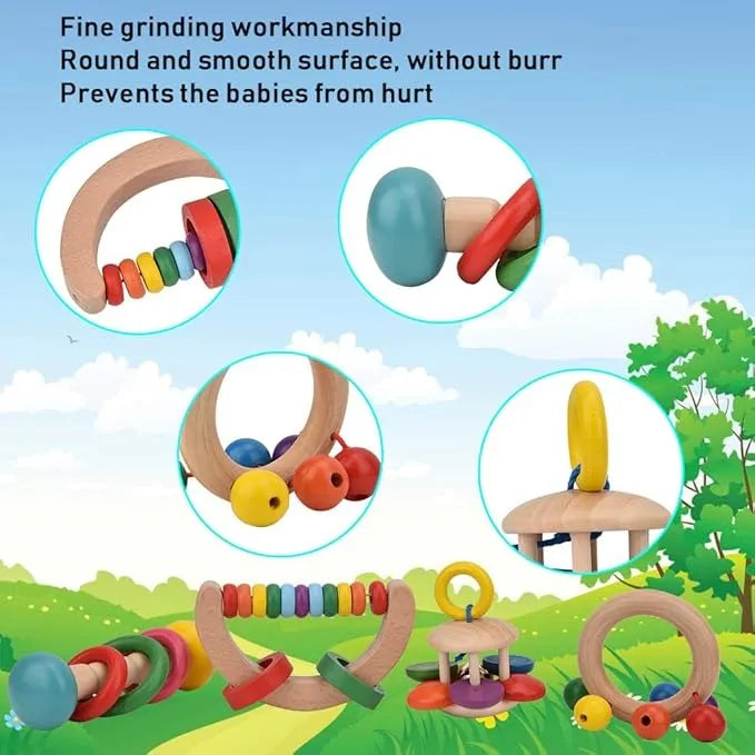 Wudly - Wooden Baby Rattles Teeth Wooden Music Instrument Shaker Set Toy for 12+ Months kids, (Pack of 4)(Multi Colors) Eco Friendly & Safe Non Toxic Colors - Naivri