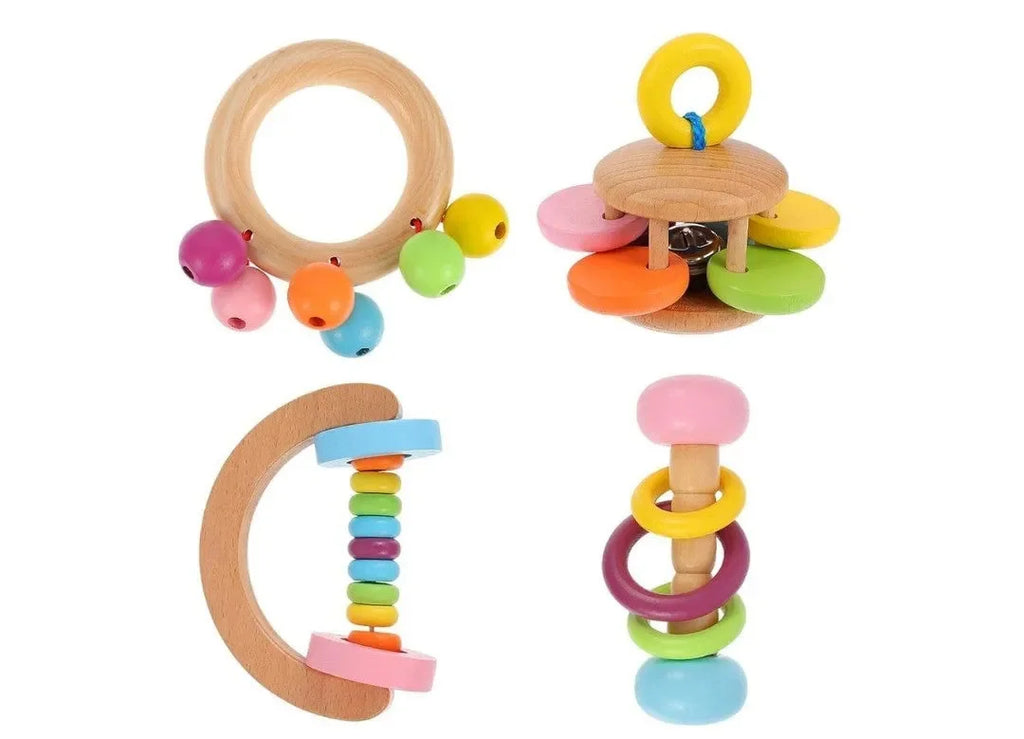 Wudly - Wooden Baby Rattles Teeth Wooden Music Instrument Shaker Set Toy for 12+ Months kids, (Pack of 4)(Multi Colors) Eco Friendly & Safe Non Toxic Colors - Naivri