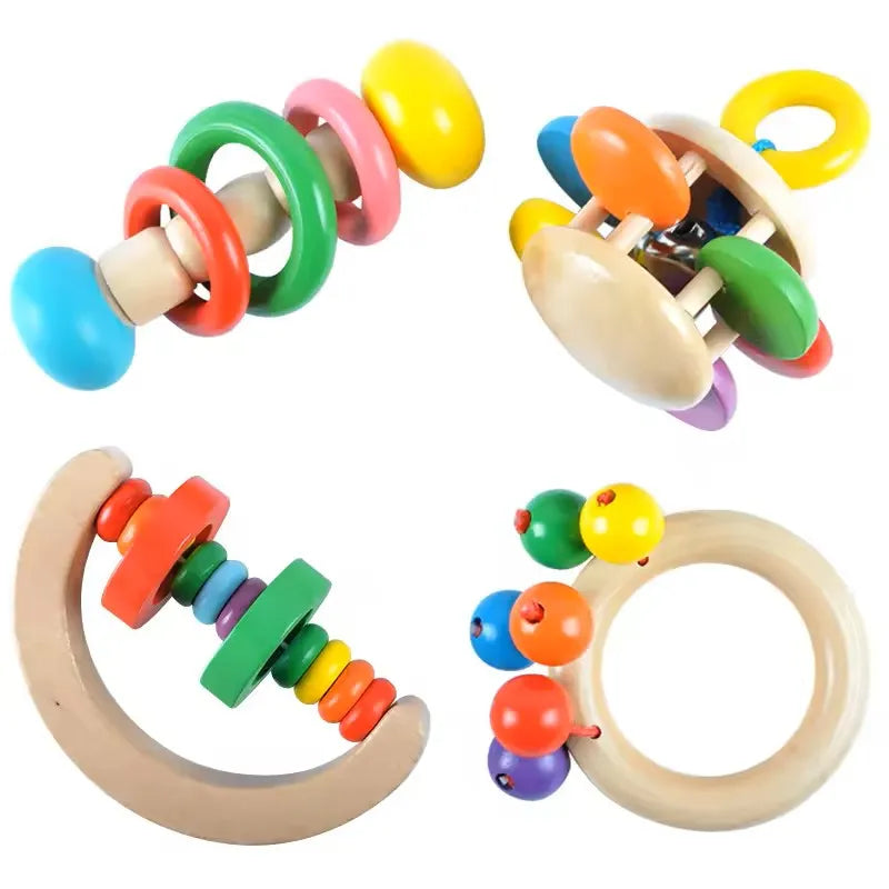 Wudly - Wooden Baby Rattles Teeth Wooden Music Instrument Shaker Set Toy for 12+ Months kids, (Pack of 4)(Multi Colors) Eco Friendly & Safe Non Toxic Colors - Naivri