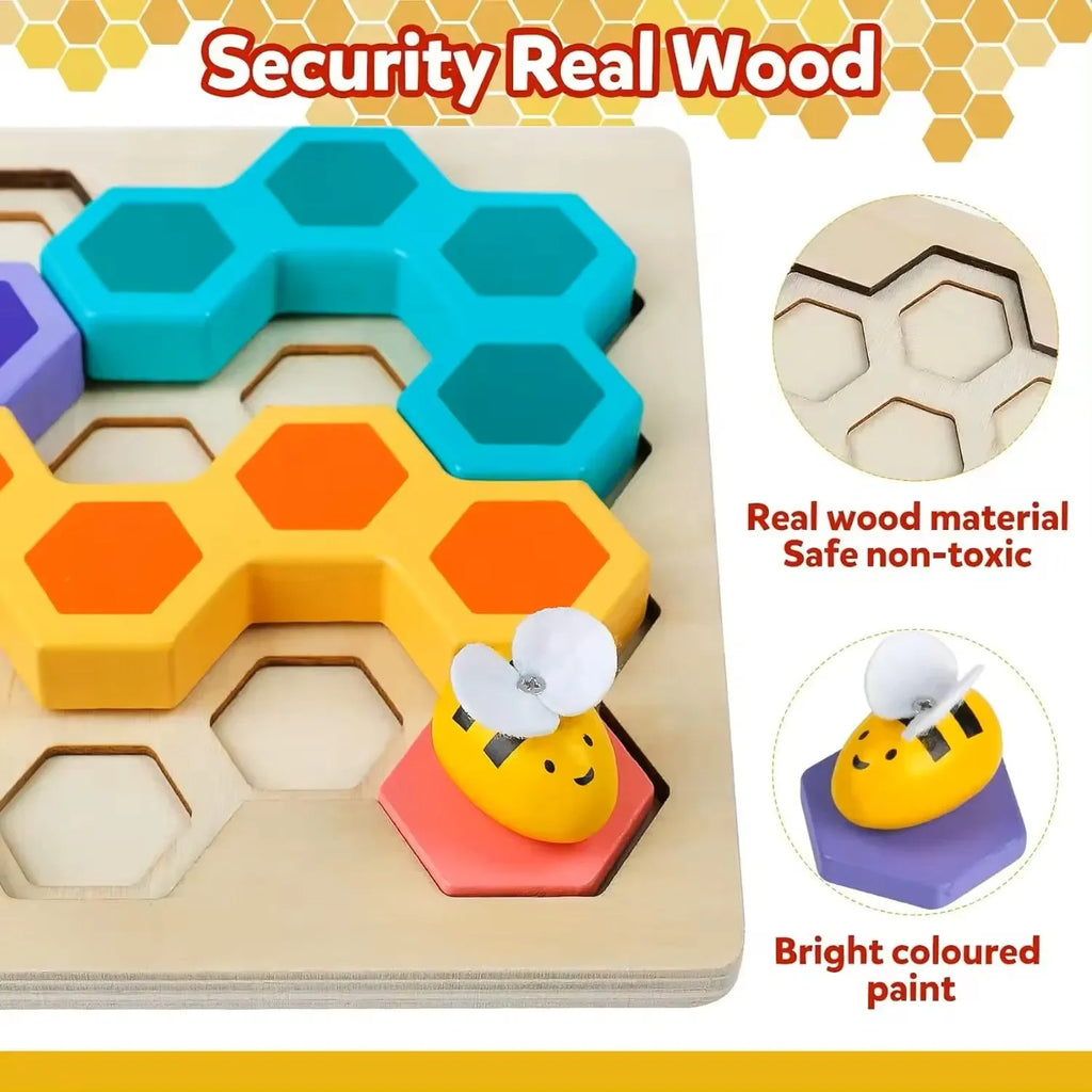 Wudly - Wooden Bee Puzzle Game, Brain Teasers Logic Game Learning Toys Matching Puzzle, Beehive Puzzle Board Games Montessori Educational Toy for 3+ Years Kids, Multi Colors, Child Safe Certified - Naivri