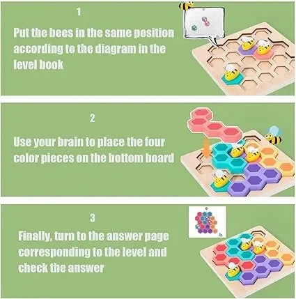 Wudly - Wooden Bee Puzzle Game, Brain Teasers Logic Game Learning Toys Matching Puzzle, Beehive Puzzle Board Games Montessori Educational Toy for 3+ Years Kids, Multi Colors, Child Safe Certified - Naivri