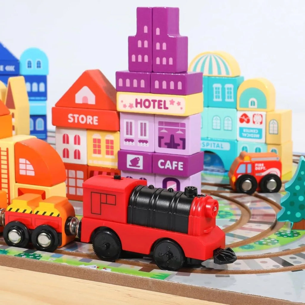 Wudly - Wooden Building Blocks Set, Electric Train City Construction Stacking Blocks Preschool Learning Educational Toys,Wooden Take-Along Tabletop Railroad Play Set for 3+ Years old kids, Child Safe Certified, Multi colors. - Naivri