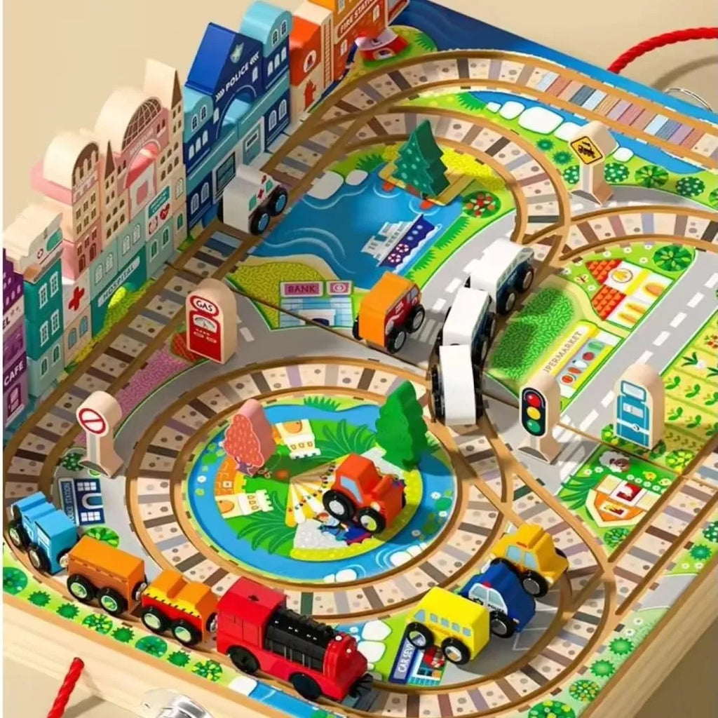 Wudly - Wooden Building Blocks Set, Electric Train City Construction Stacking Blocks Preschool Learning Educational Toys,Wooden Take-Along Tabletop Railroad Play Set for 3+ Years old kids, Child Safe Certified, Multi colors. - Naivri