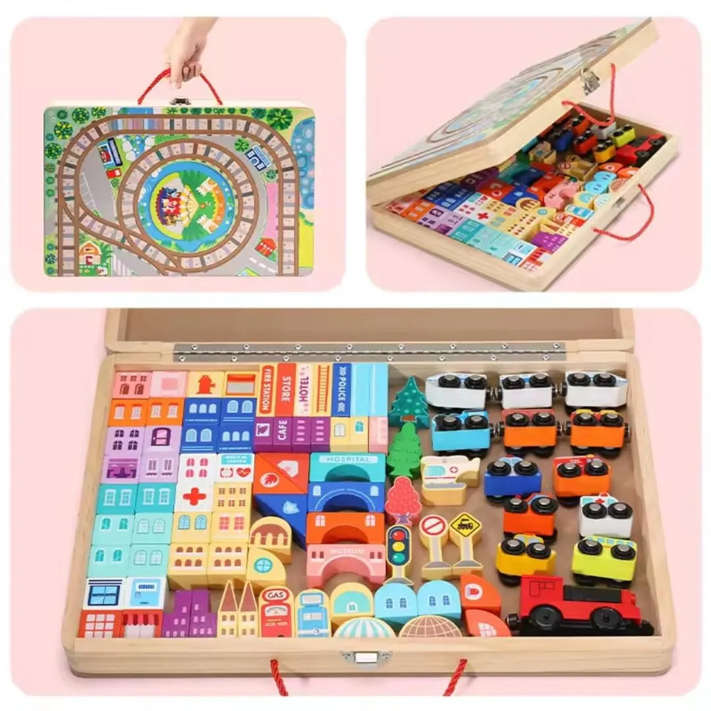 Wudly - Wooden Building Blocks Set, Electric Train City Construction Stacking Blocks Preschool Learning Educational Toys,Wooden Take-Along Tabletop Railroad Play Set for 3+ Years old kids, Child Safe Certified, Multi colors. - Naivri