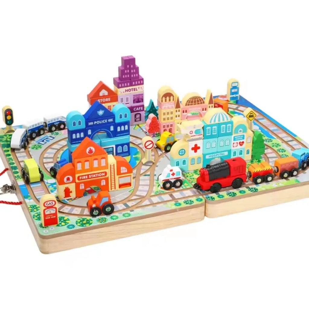 Wudly - Wooden Building Blocks Set, Electric Train City Construction Stacking Blocks Preschool Learning Educational Toys,Wooden Take-Along Tabletop Railroad Play Set for 3+ Years old kids, Child Safe Certified, Multi colors. - Naivri