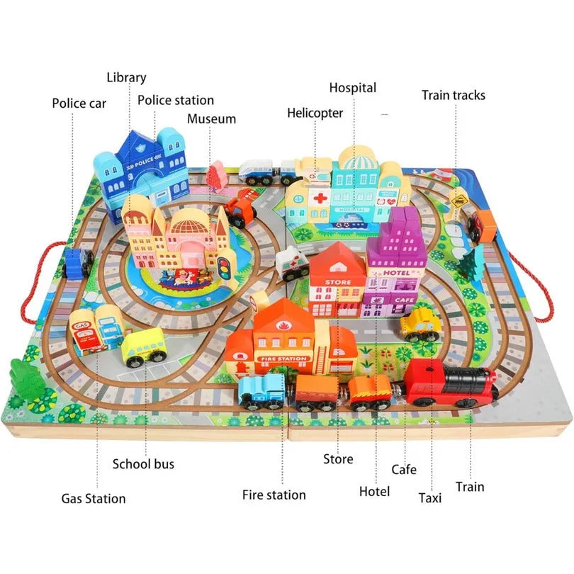 Wudly - Wooden Building Blocks Set, Electric Train City Construction Stacking Blocks Preschool Learning Educational Toys,Wooden Take-Along Tabletop Railroad Play Set for 3+ Years old kids, Child Safe Certified, Multi colors. - Naivri