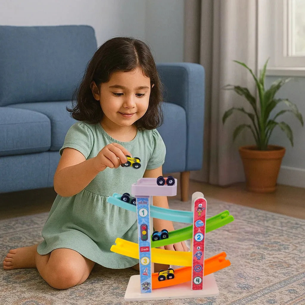Wudly Wooden Car Ramp Racer Toy for Toddlers - 4 Levels Continuous Motion with 4 Mini Cars - Educational Toy for Fine Motor Skills, Hand-Eye Coordination, and Imaginative Play (Bright Colors) - Naivri