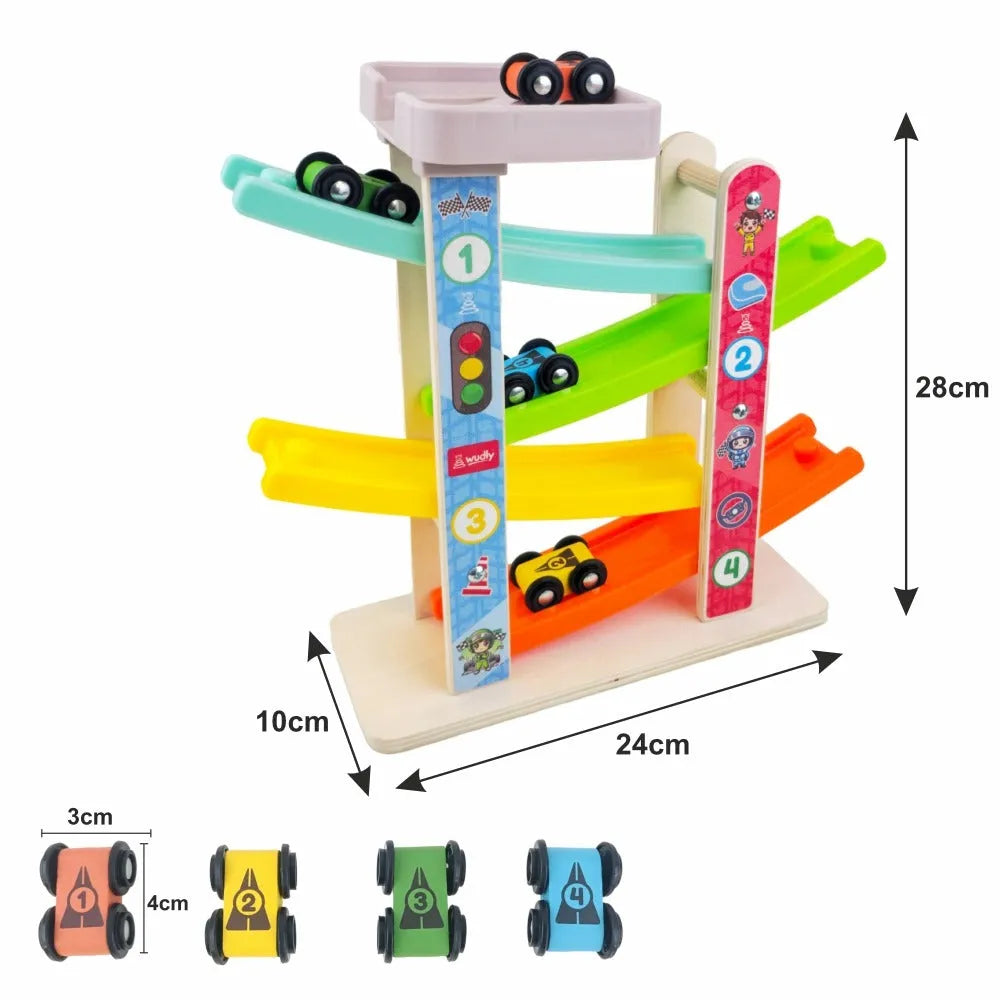 Wudly Wooden Car Ramp Racer Toy for Toddlers - 4 Levels Continuous Motion with 4 Mini Cars - Educational Toy for Fine Motor Skills, Hand-Eye Coordination, and Imaginative Play (Bright Colors) - Naivri