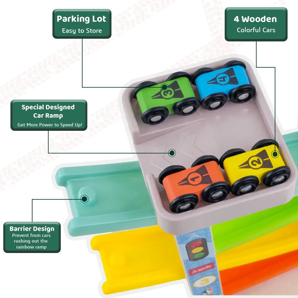 Wudly Wooden Car Ramp Racer Toy for Toddlers - 4 Levels Continuous Motion with 4 Mini Cars - Educational Toy for Fine Motor Skills, Hand-Eye Coordination, and Imaginative Play (Bright Colors) - Naivri