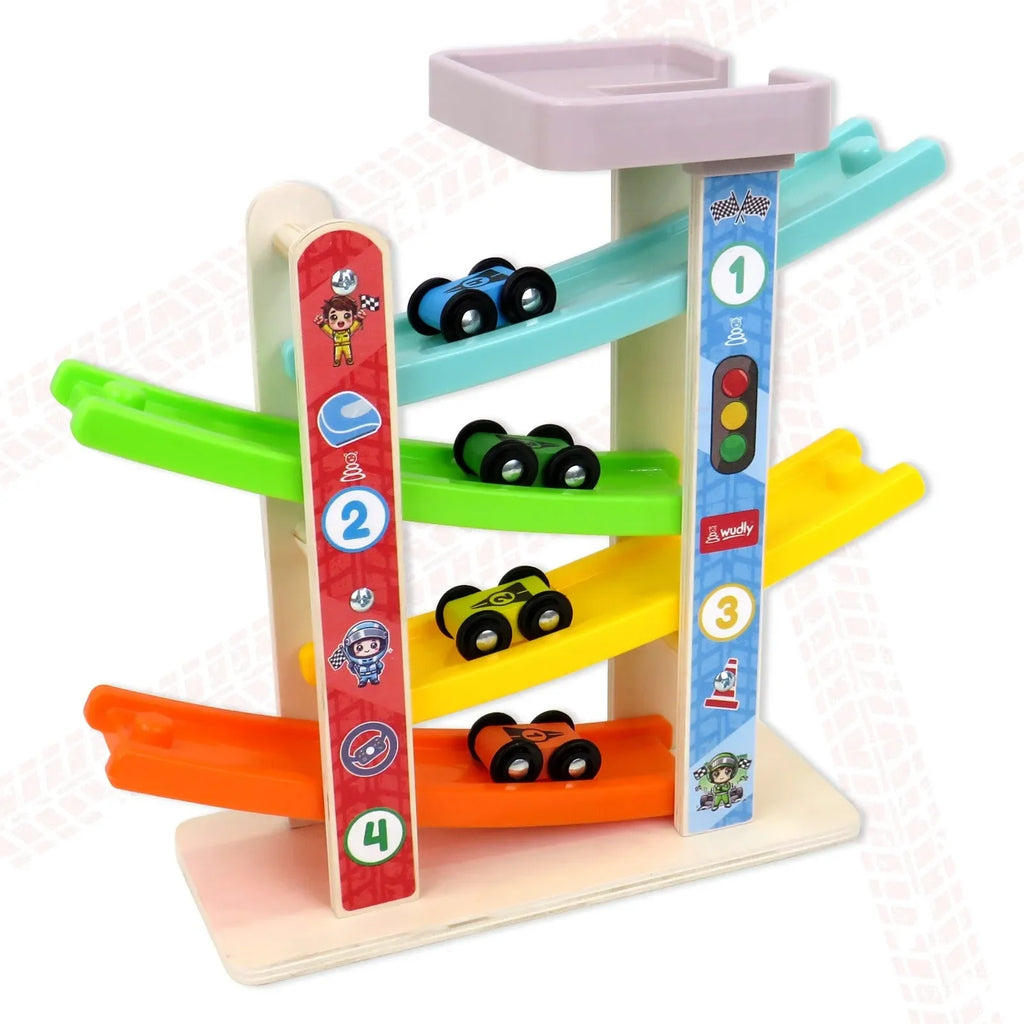 Wudly Wooden Car Ramp Racer Toy for Toddlers - 4 Levels Continuous Motion with 4 Mini Cars - Educational Toy for Fine Motor Skills, Hand-Eye Coordination, and Imaginative Play (Bright Colors) - Naivri
