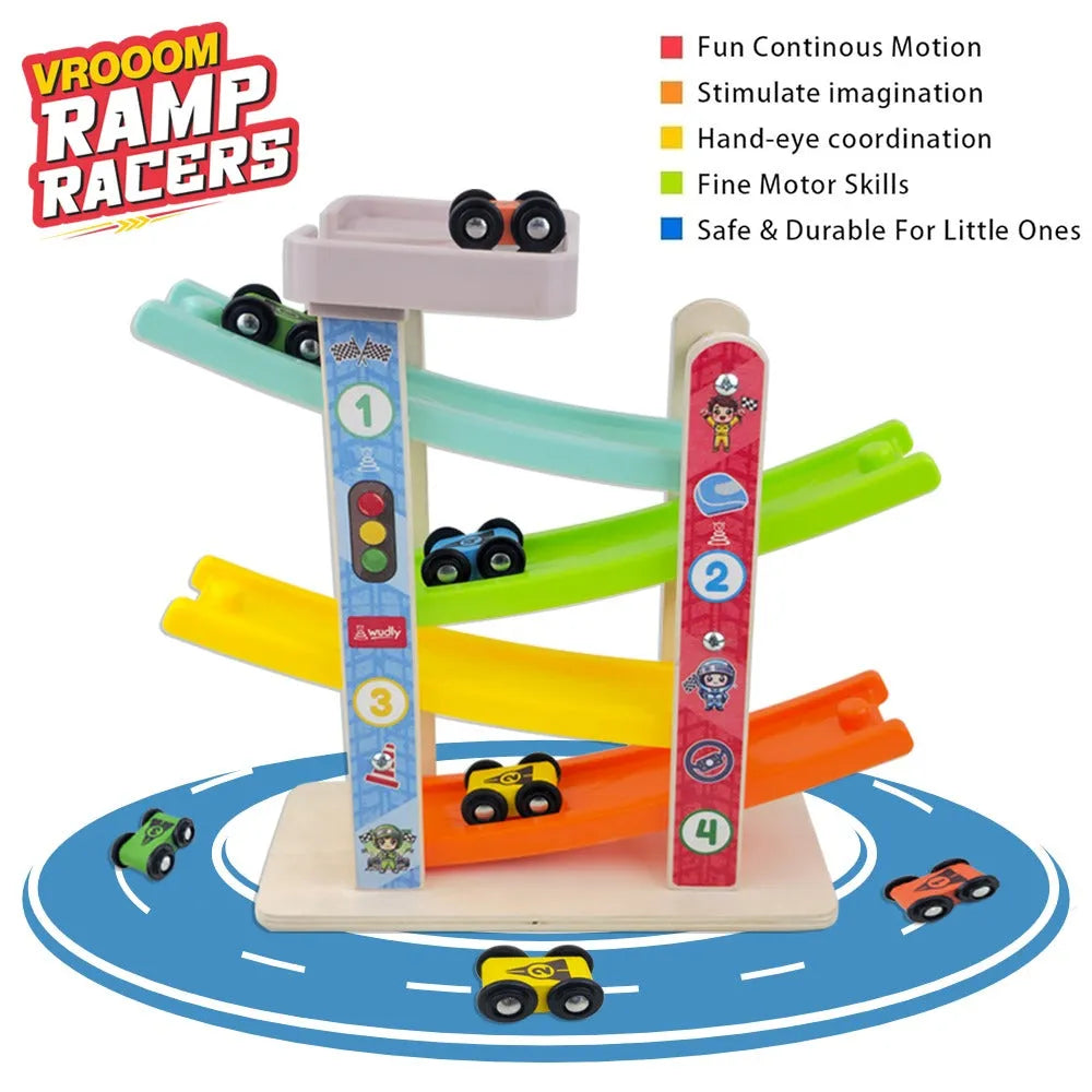 Wudly Wooden Car Ramp Racer Toy for Toddlers - 4 Levels Continuous Motion with 4 Mini Cars - Educational Toy for Fine Motor Skills, Hand-Eye Coordination, and Imaginative Play (Bright Colors) - Naivri