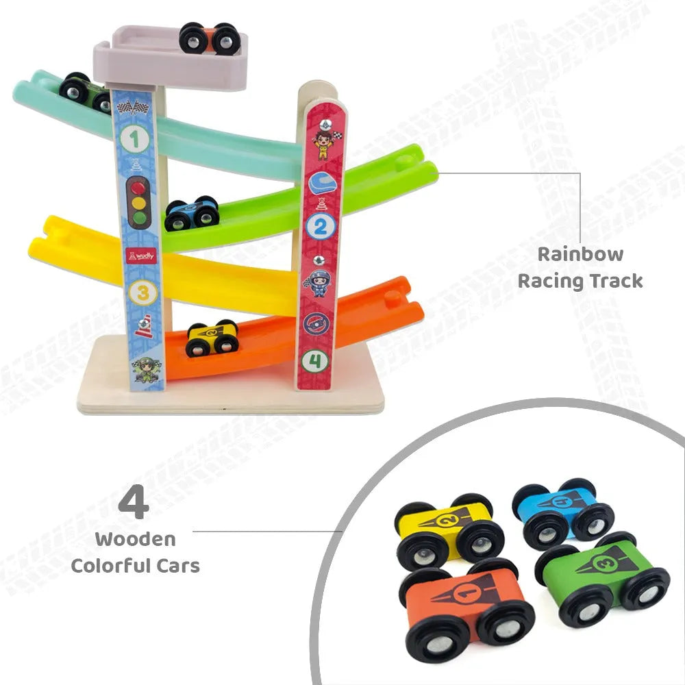 Wudly Wooden Car Ramp Racer Toy for Toddlers - 4 Levels Continuous Motion with 4 Mini Cars - Educational Toy for Fine Motor Skills, Hand-Eye Coordination, and Imaginative Play (Bright Colors) - Naivri