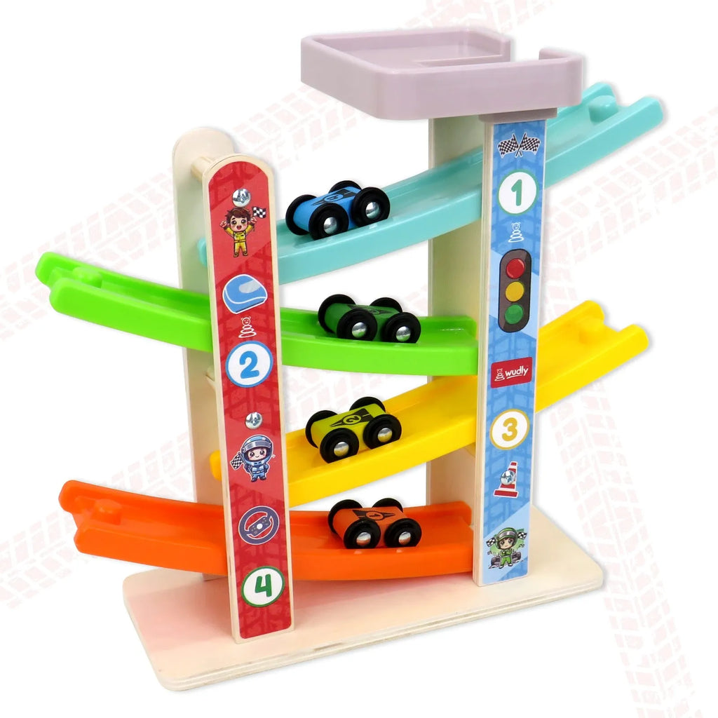 Wudly Wooden Car Ramp Racer Toy for Toddlers - 4 Levels Continuous Motion with 4 Mini Cars - Educational Toy for Fine Motor Skills, Hand-Eye Coordination, and Imaginative Play (Bright Colors) - Naivri