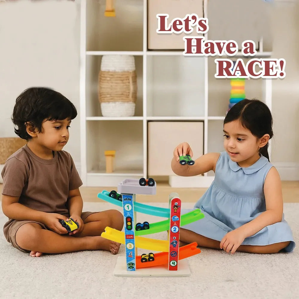 Wudly Wooden Car Ramp Racer Toy for Toddlers - 4 Levels Continuous Motion with 4 Mini Cars - Educational Toy for Fine Motor Skills, Hand-Eye Coordination, and Imaginative Play (Bright Colors) - Naivri