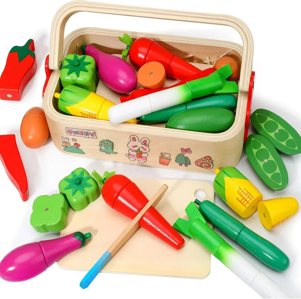Wudly Wooden Cutting Vegetable With Wood Knife & Storage Basket - Naivri