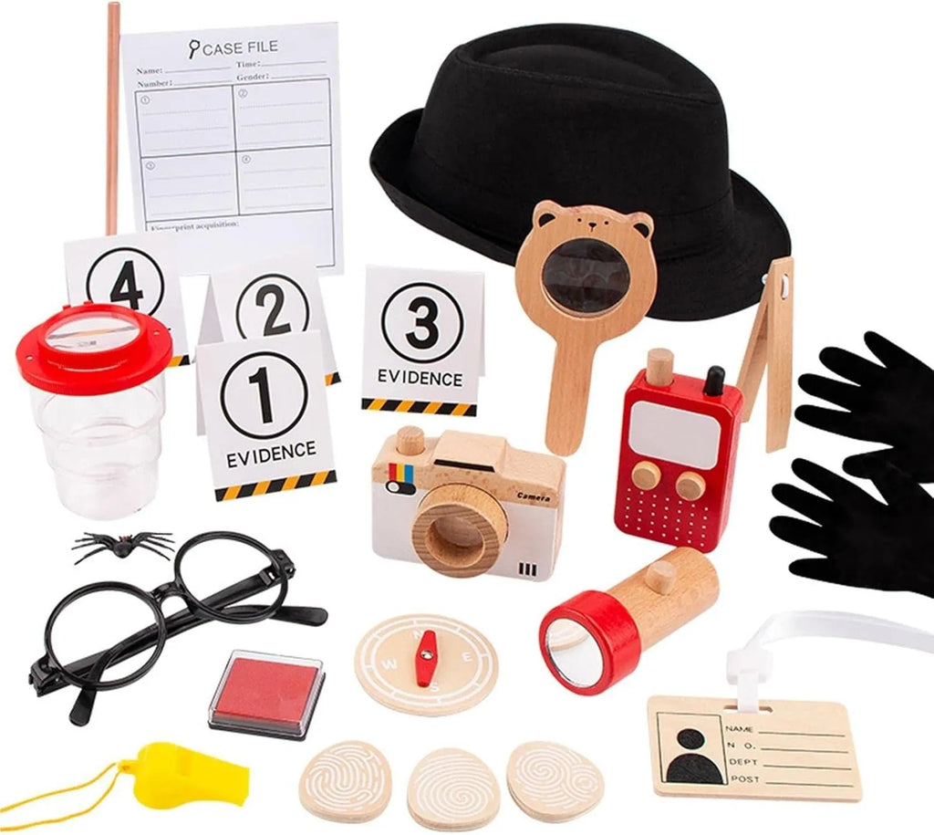 Wudly Wooden Detective Role Play Set for Kids, 15 Pieces with Evidence Markers, Wooden Tools, Case File, Black Hat and Accessories - Naivri