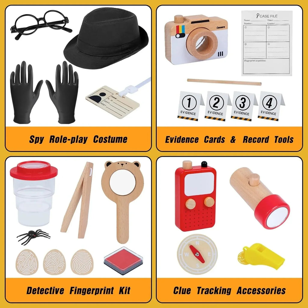 Wudly Wooden Detective Role Play Set for Kids, 15 Pieces with Evidence Markers, Wooden Tools, Case File, Black Hat and Accessories - Naivri